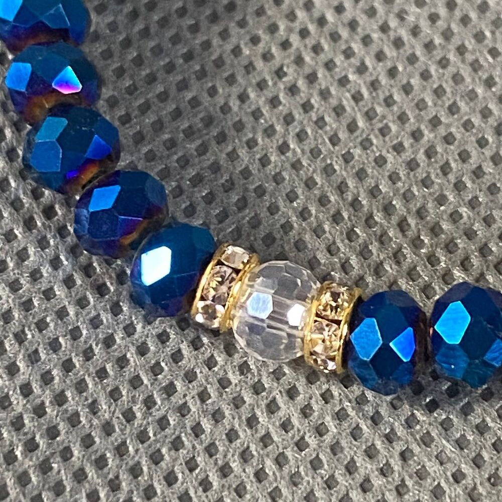 Metallic Iridescent Blue Cross Charm Bracelet Octagon Beads Multicolor Stretch - Picture 5 of 8